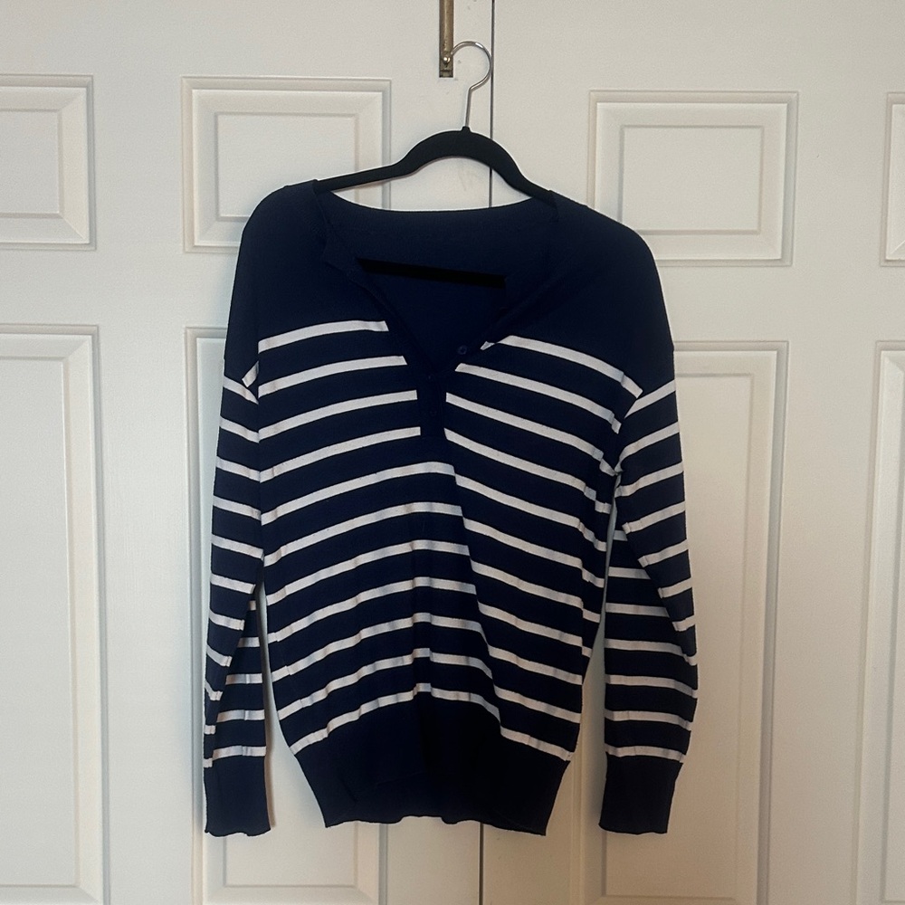 Navy and White Striped Women's Nylon Blend Sweater